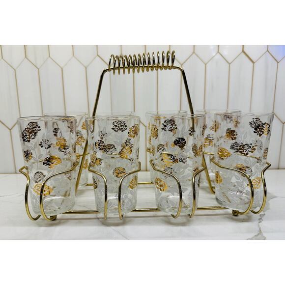 MCM Libbey Gold and‎ White Tall Glasses plus Brass Caddy with Spiral Handle - Picture 1 of 8
